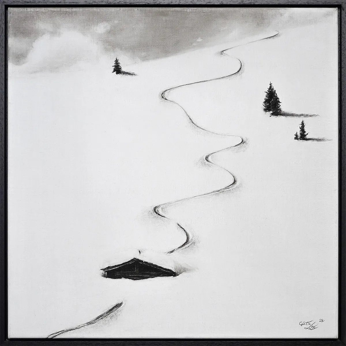„Über die Hütte" – Kohle auf Leinen, 60 x 60 cm, 2024
