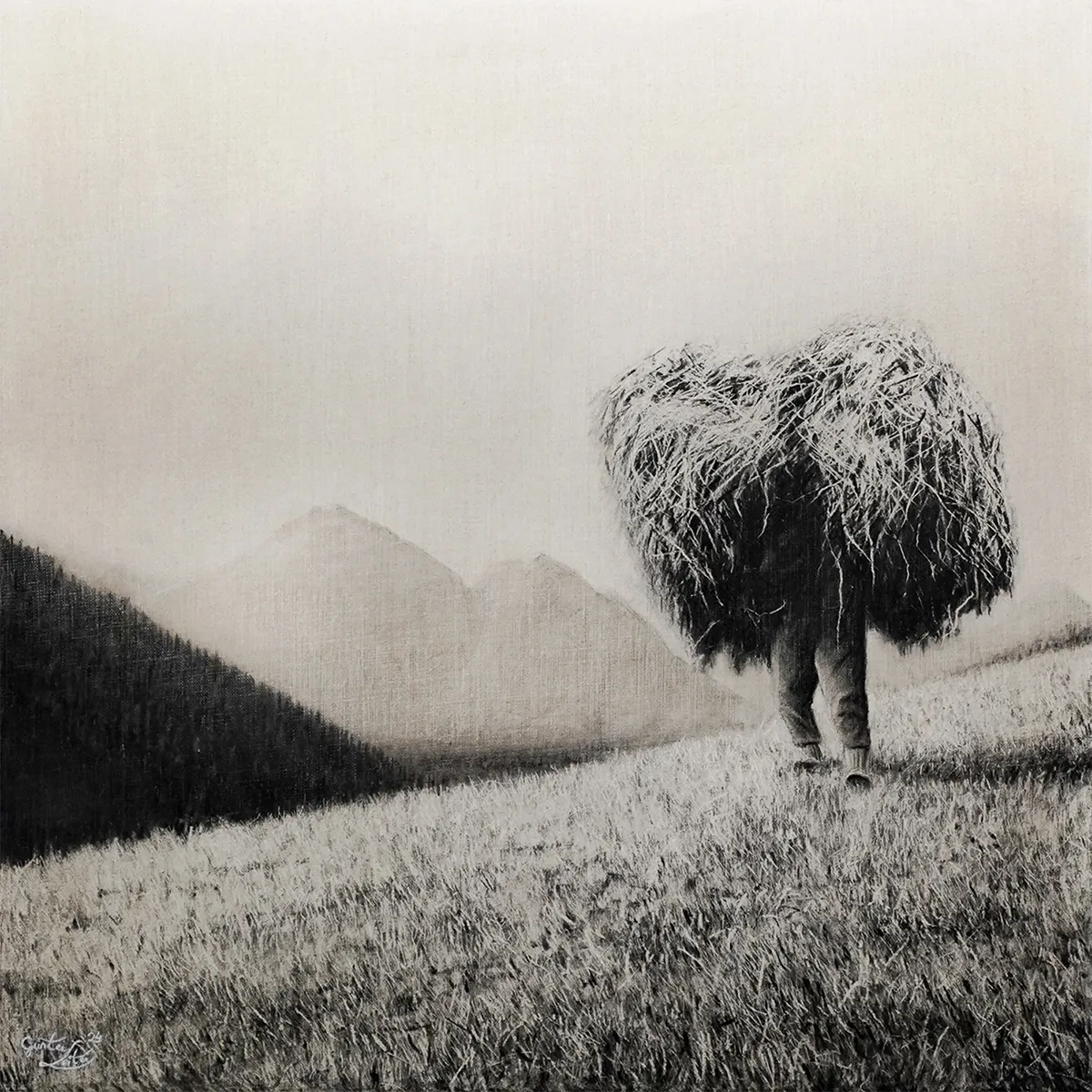 „A schwares Packl" – Kohle auf Leinen, 60 x 60 cm, 2024