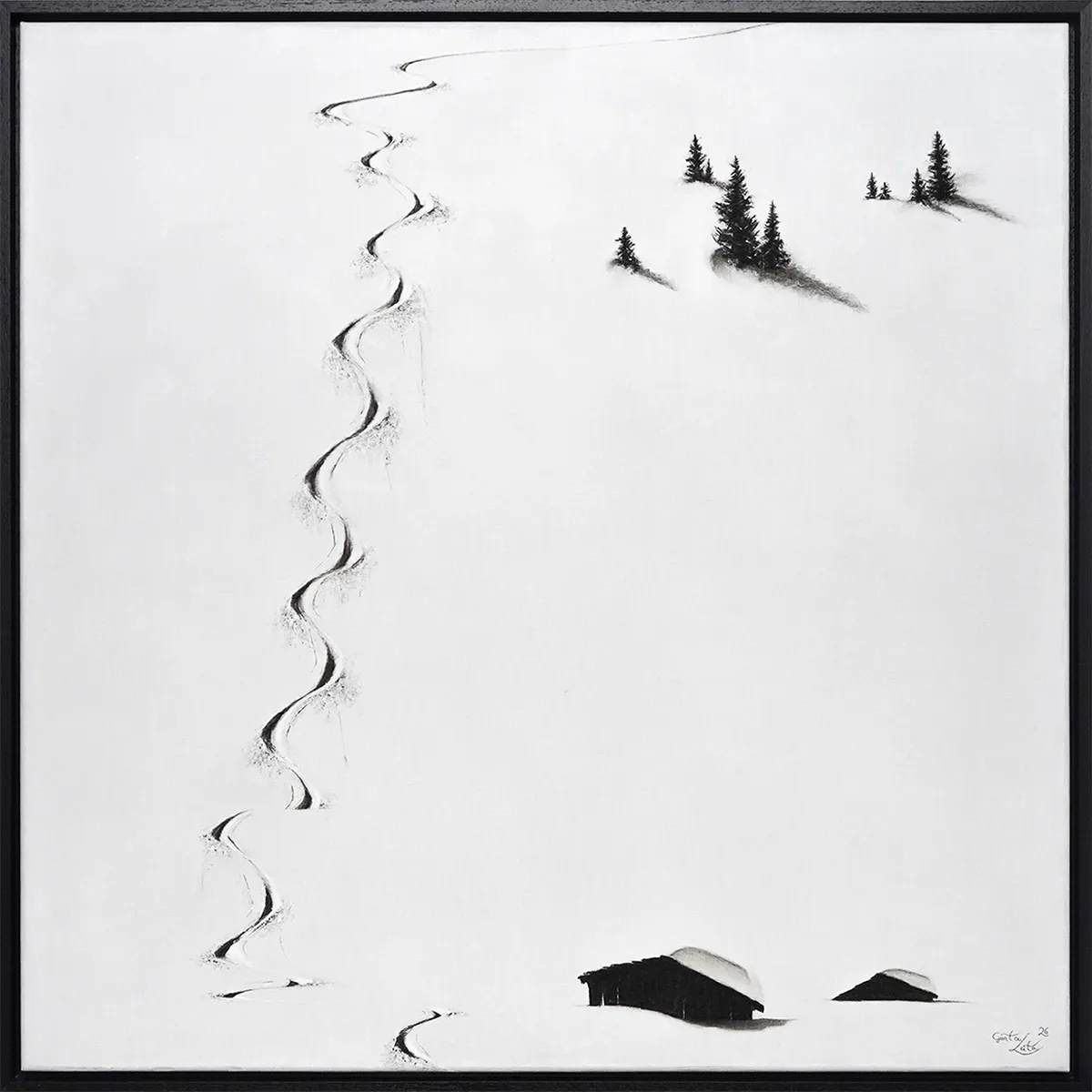 „Abfahrt im Pulverschnee II" – Kohle auf Leinen, 80 x 80 cm, 2025