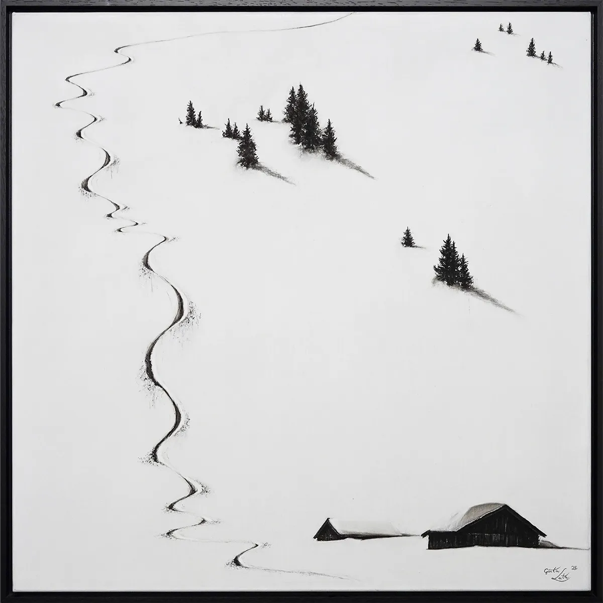 „Abfahrt ins Tal" – Kohle auf Leinen, 80 x 80 cm, 2025