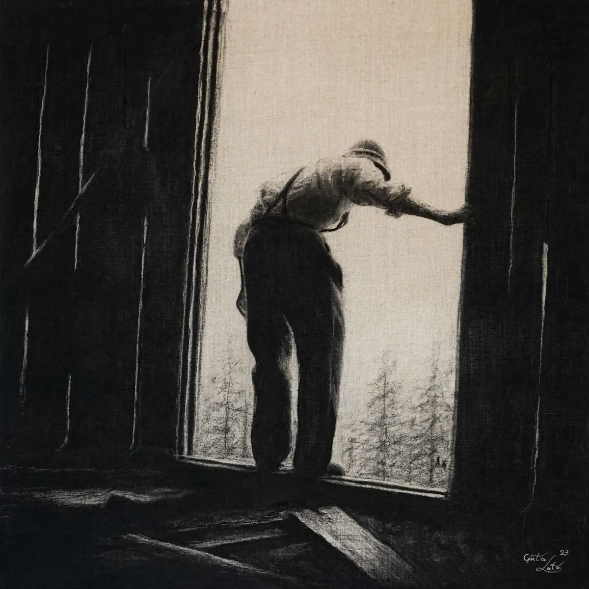 „Ausblick" – Kohle auf Leinen, 60 x 60 cm, 2022