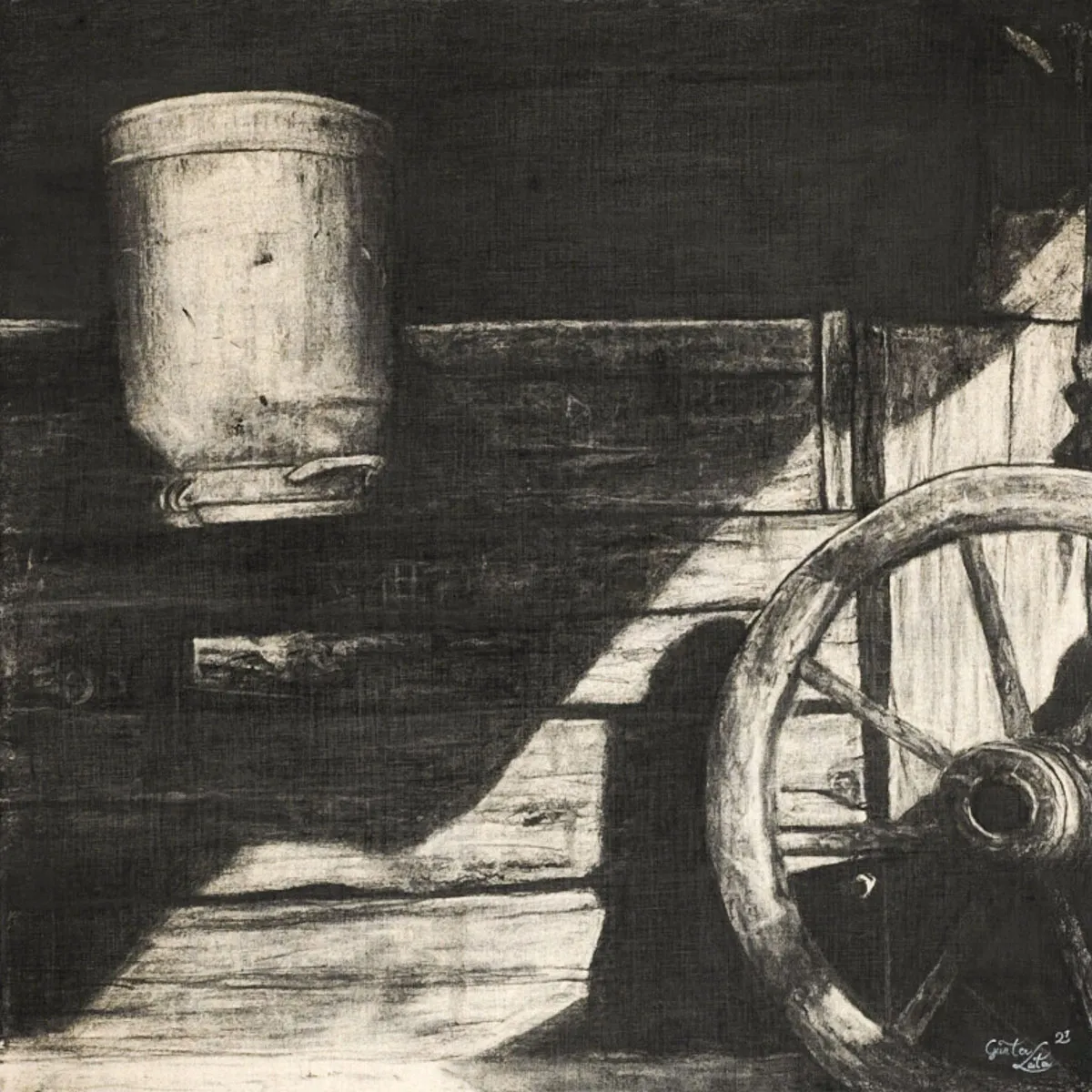 „Ausgedient" – Kohle auf Leinen, 60 x 60 cm, 2021