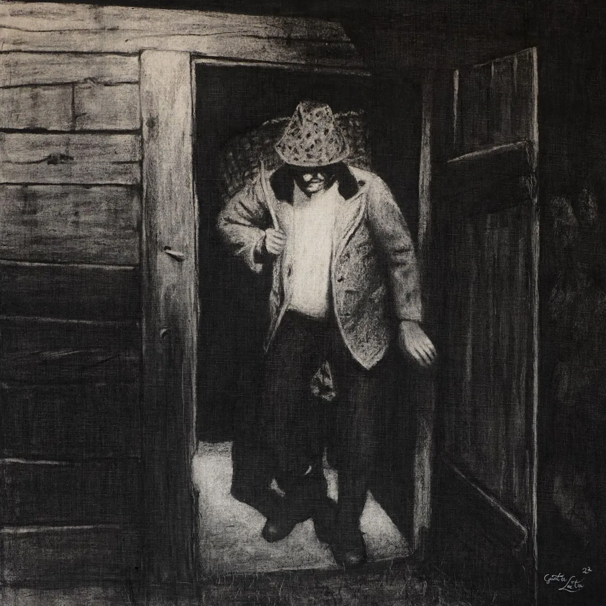 „Ausn stoll" – Kohle auf Leinen, 60 x 60 cm, 2022