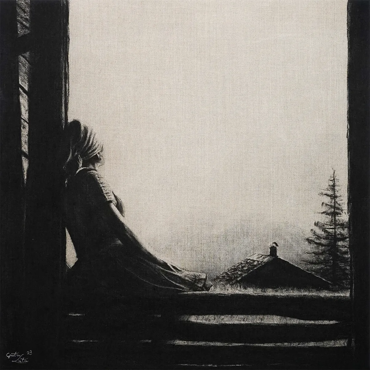 „Blick hinaus" – Kohle auf Leinen, 60 x 60 cm, 2023