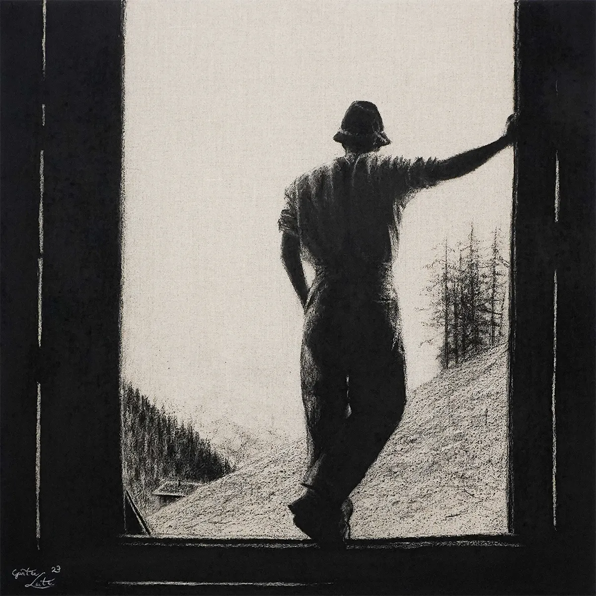 „Blick in die Ferne" – Kohle auf Leinen, 60 x 60 cm, 2023