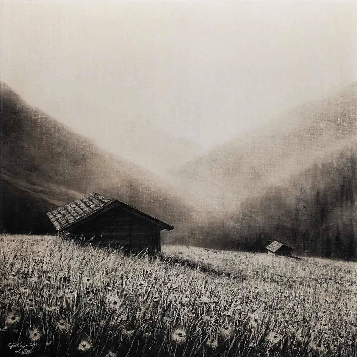 „Blick ins Tal" – Kohle auf Leinen, 60 x 60 cm, 2024