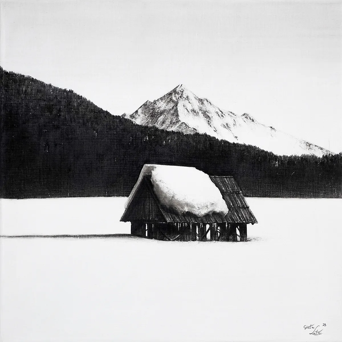 „Da Schnea schmilzt" – Kohle auf Leinen, 60 x 60 cm, 2024
