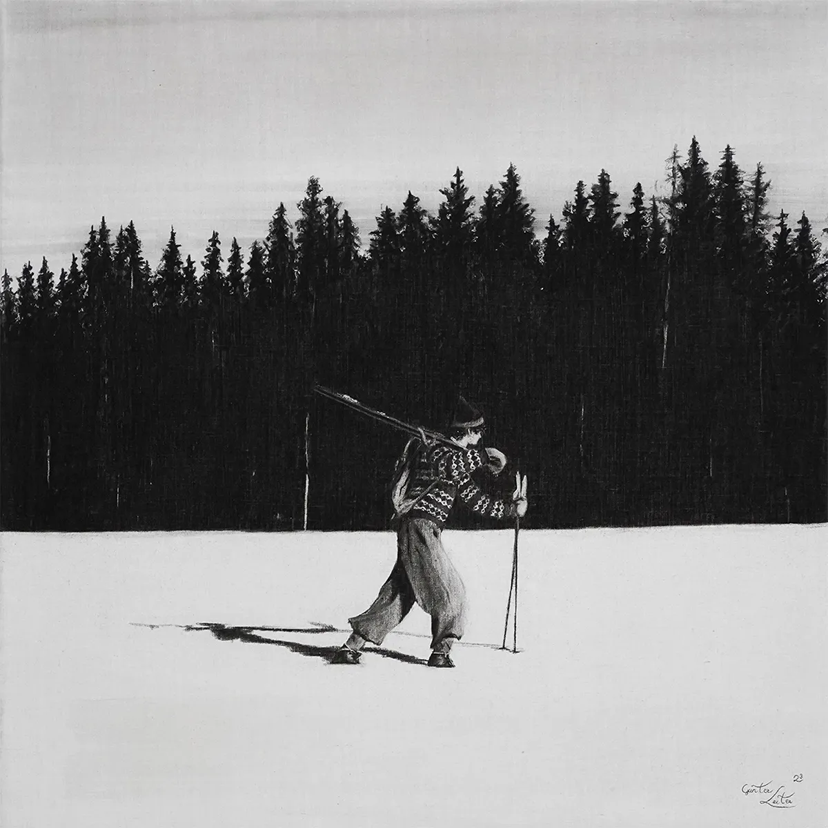 „Den Wald entlang" – Kohle auf Leinen, 60 x 60 cm, 2023