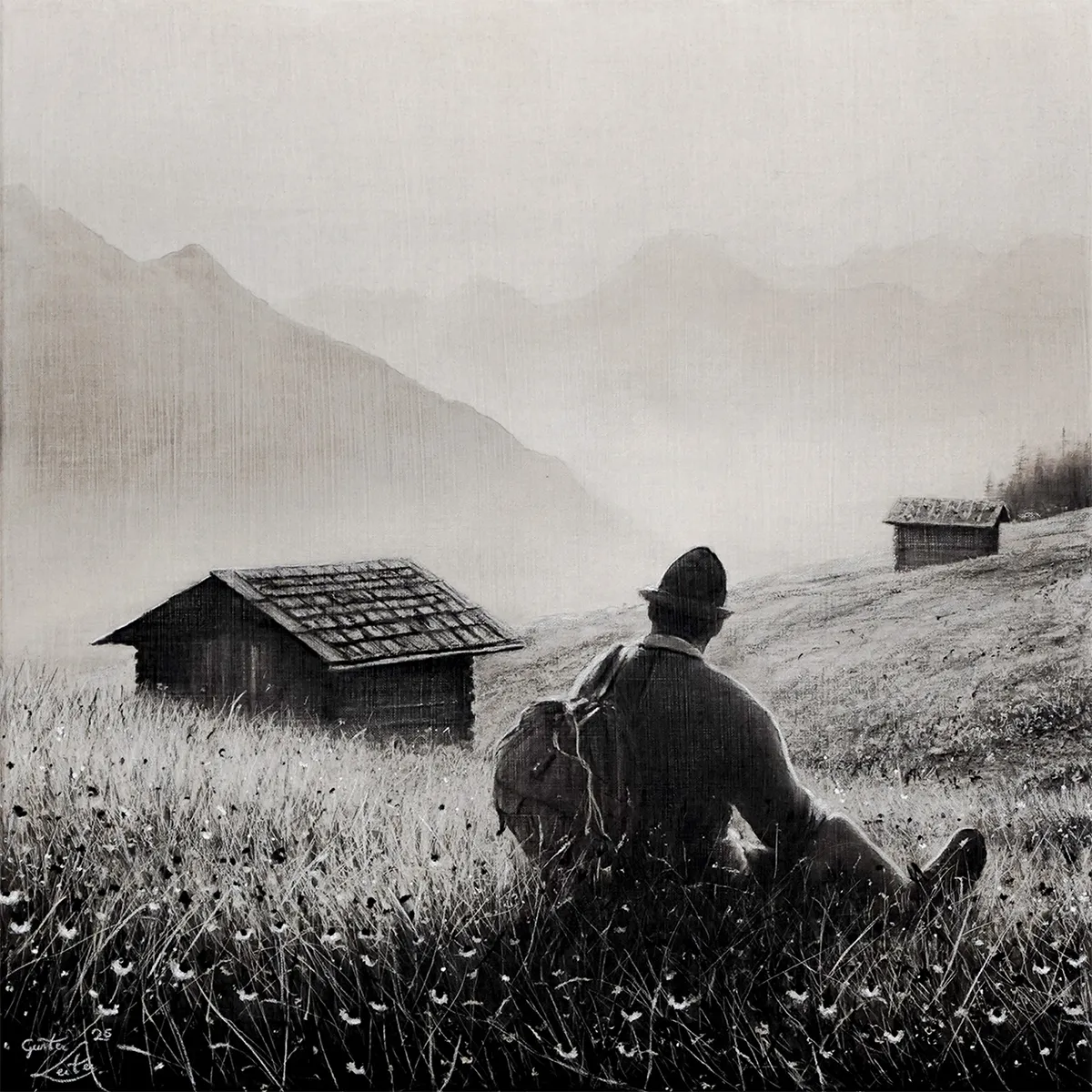 „Der Rastende" – Kohle auf Leinen, 60 x 60 cm, 2025