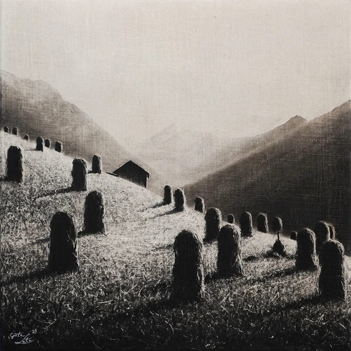 „Ein Sommertag" – Kohle auf Leinen, 60 x 60 cm, 2023