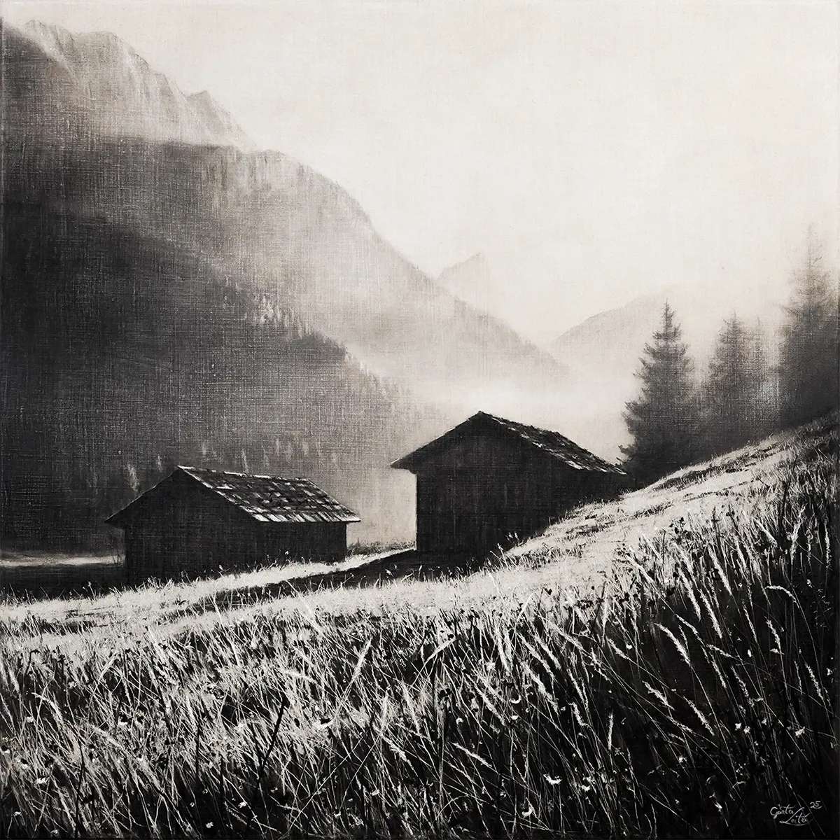 „Ein Tag erwacht" – Kohle auf Leinen, 80 x 80 cm, 2025