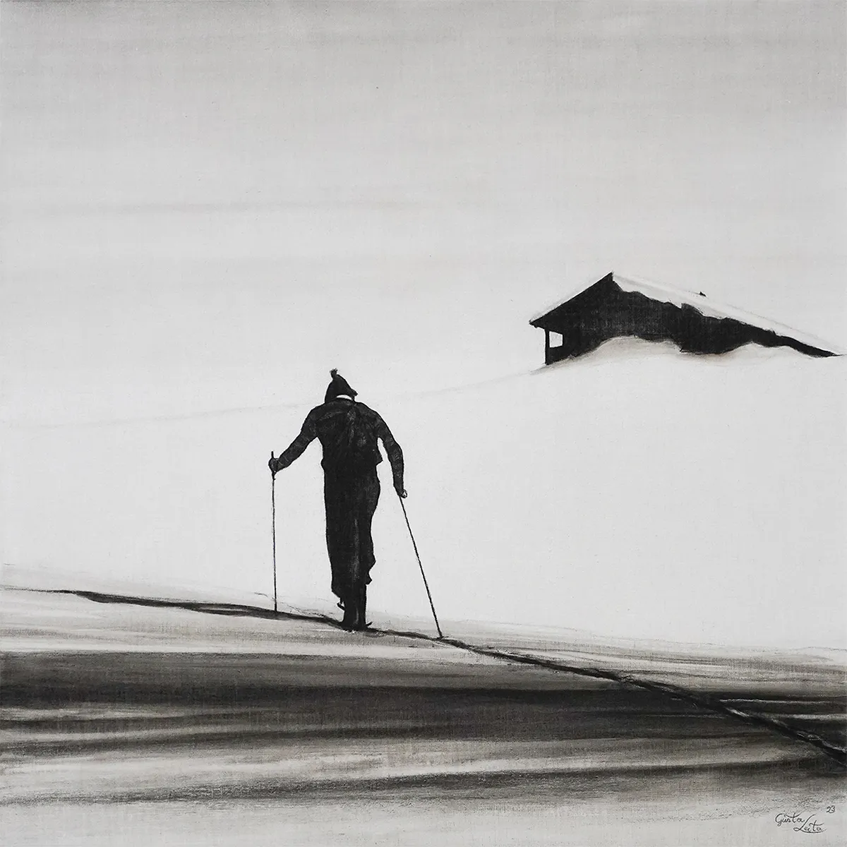 „Fast da" – Kohle auf Leinen, 60 x 60 cm, 2023