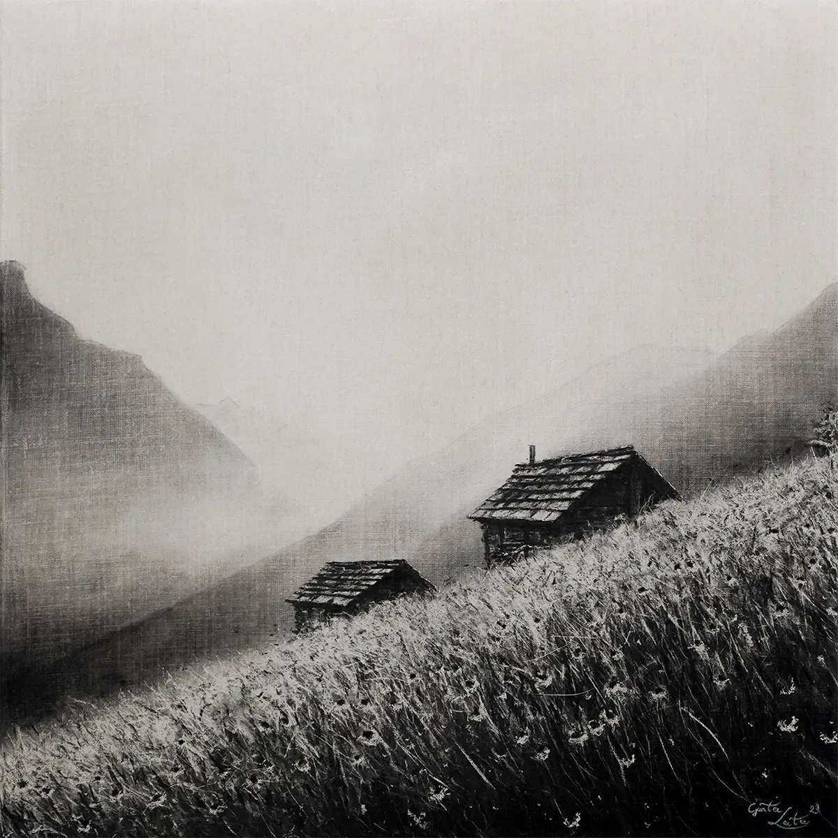 „Flaches Licht" – Kohle auf Leinen, 60 x 60 cm, 2023