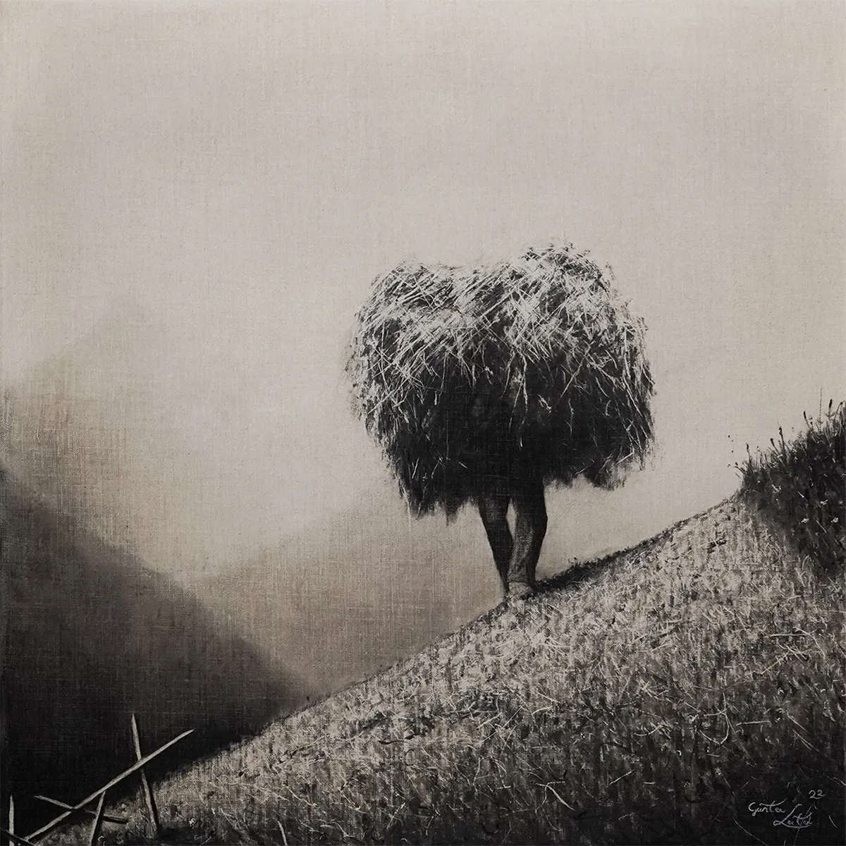 „Heuen" – Kohle auf Leinen, 60 x 60 cm, 2022