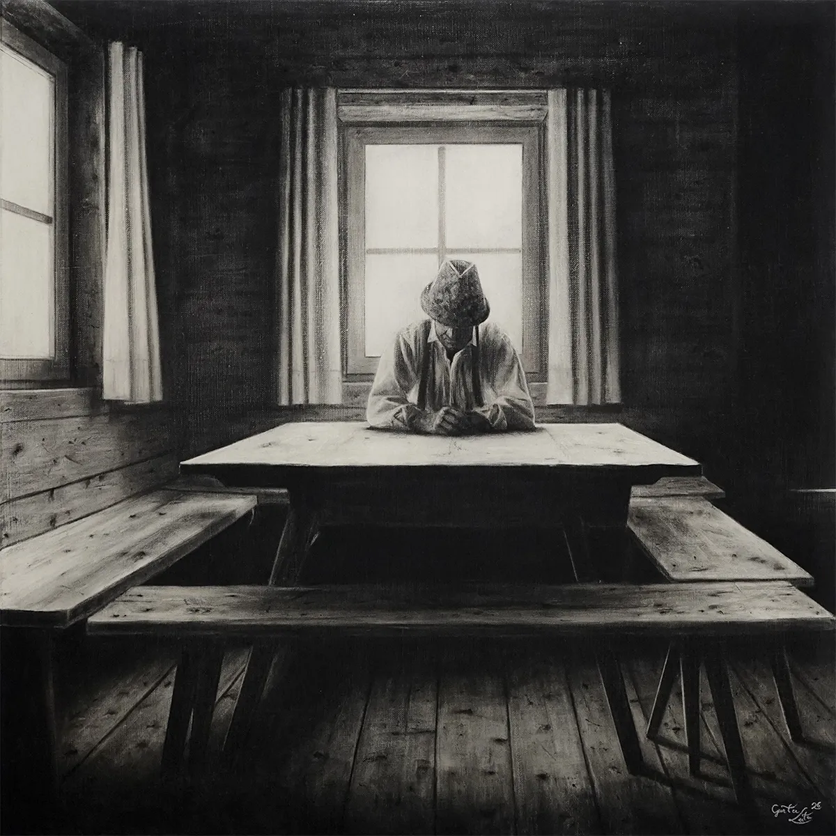 „Hinterm Tisch (frontal)" – Kohle auf Leinen, 80 x 80 cm, 2026