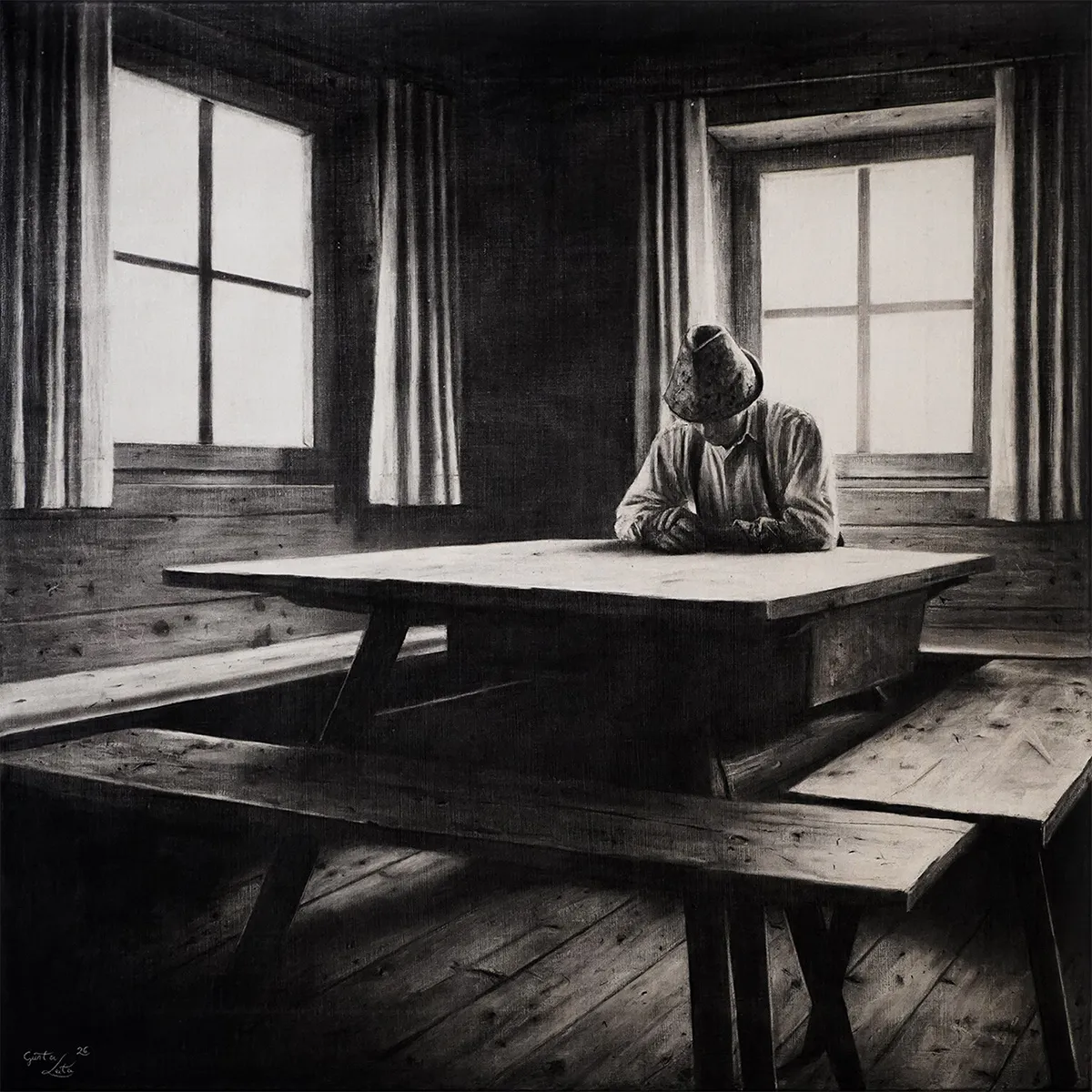 „Hinterm Tisch (seitlich)" – Kohle auf Leinen, 80 x 80 cm, 2026