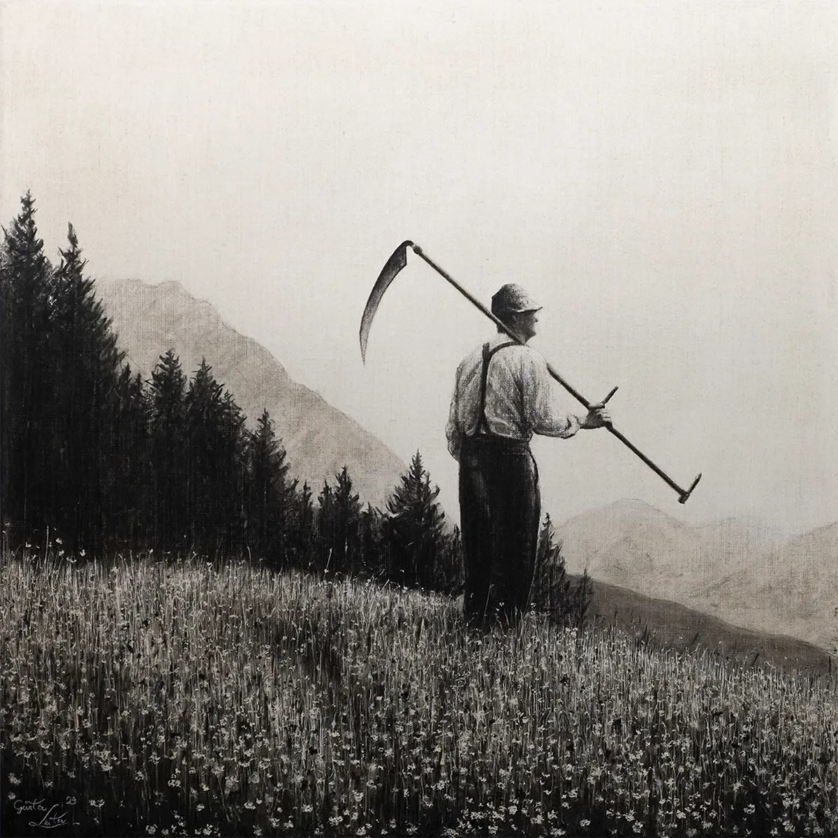„Im Blütenmeer" – Kohle auf Leinen, 60 x 60 cm, 2024
