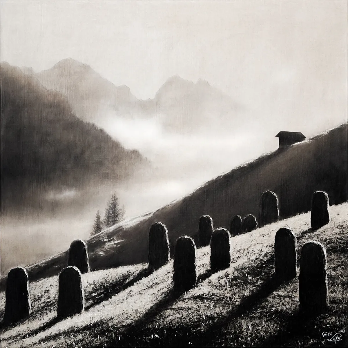 „Im Glanz der Morgensonne" – Kohle auf Leinen, 80 × 80 cm, 2025
