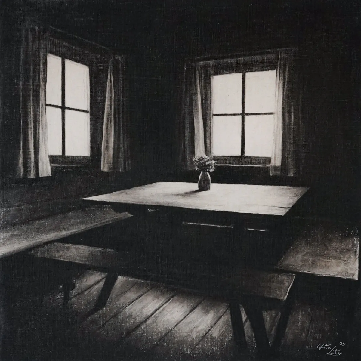 „In da Stube" – Kohle auf Leinen, 60 x 60 cm, 2022