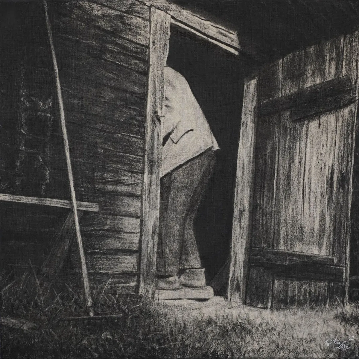 „In die Stolltschoggl" – Kohle auf Leinen, 60 x 60 cm, 2021
