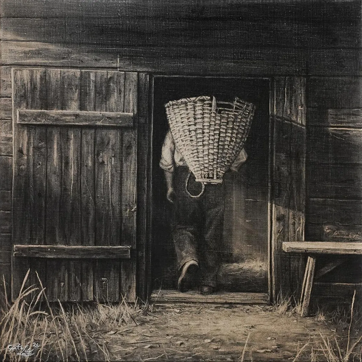 „Inne in Stoll II“ – Kohle auf Leinen, 60 x 60 cm, 2026