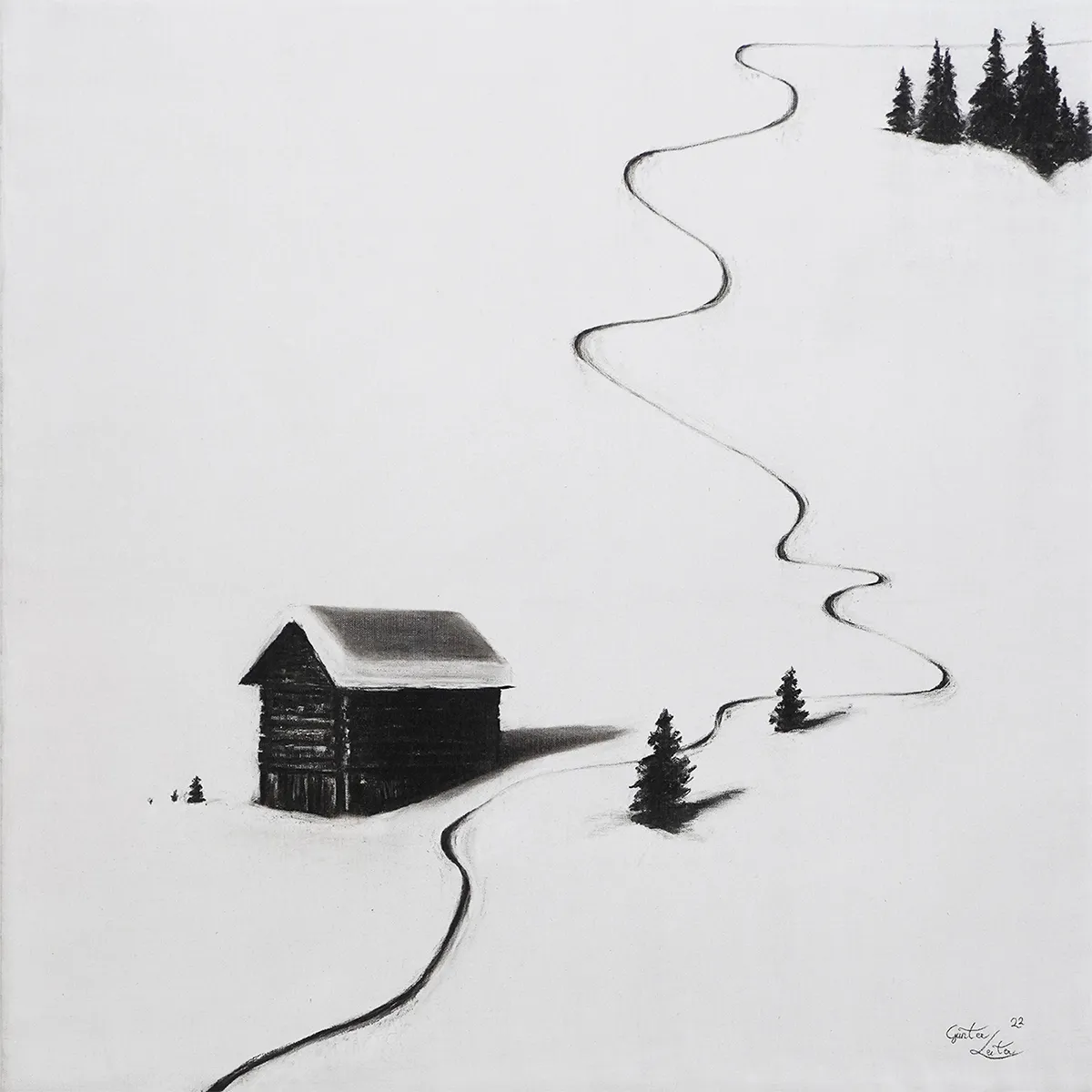 „Knapp vorbei" – Kohle auf Leinen, 60 x 60 cm, 2022