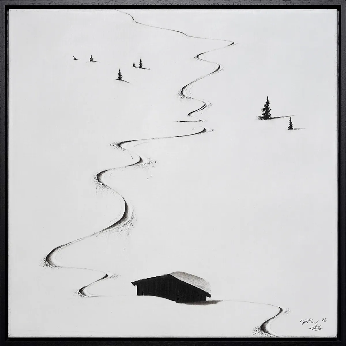 „Kurvige Abfahrt" – Kohle auf Leinen, 60 x 60 cm, 2025
