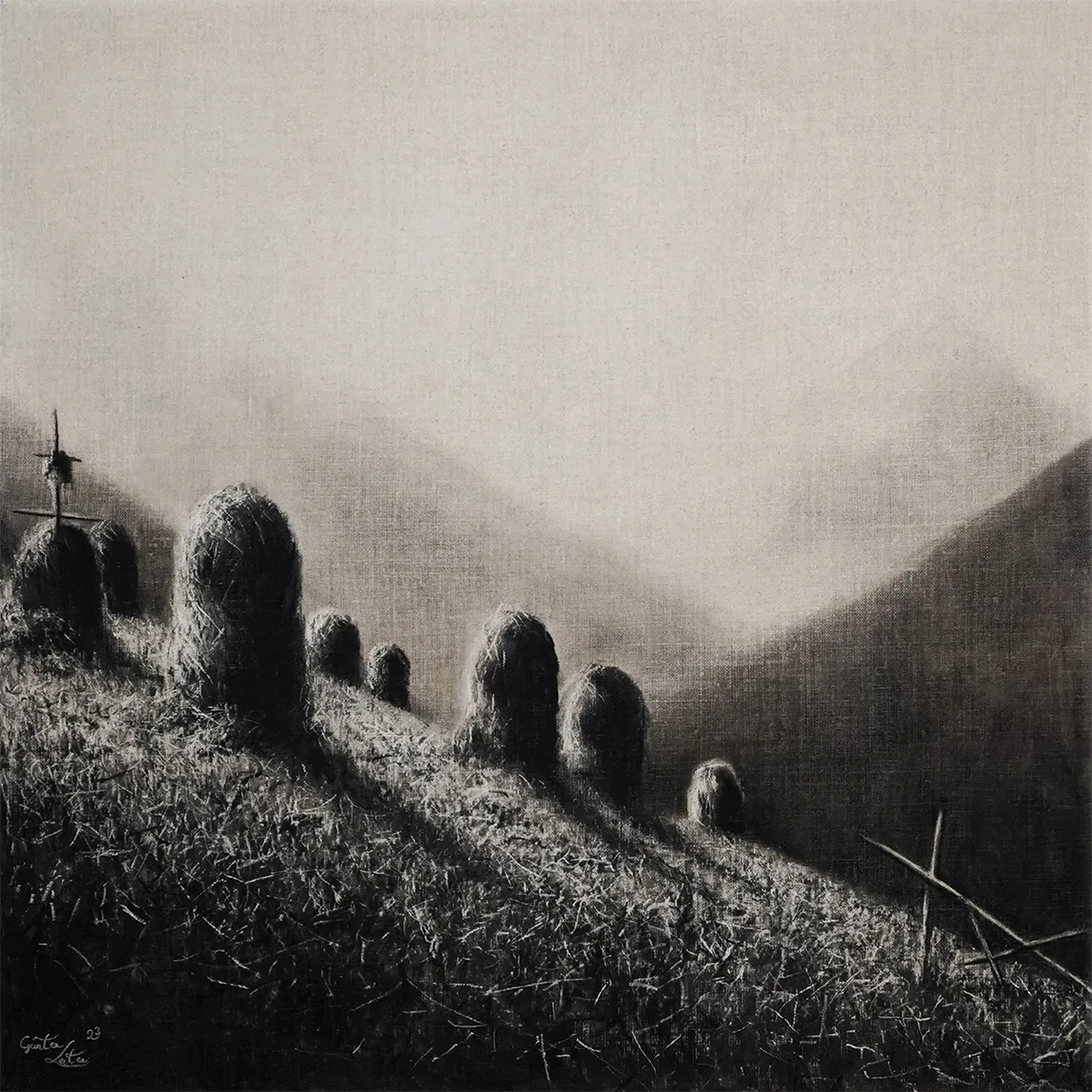 „Lange Schatten" – Kohle auf Leinen, 60 x 60 cm, 2023