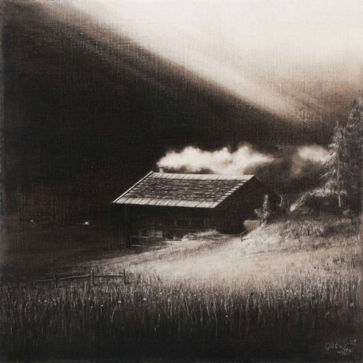 „Licht und Schatten" – Kohle auf Leinen, 60 x 60 cm, 2020