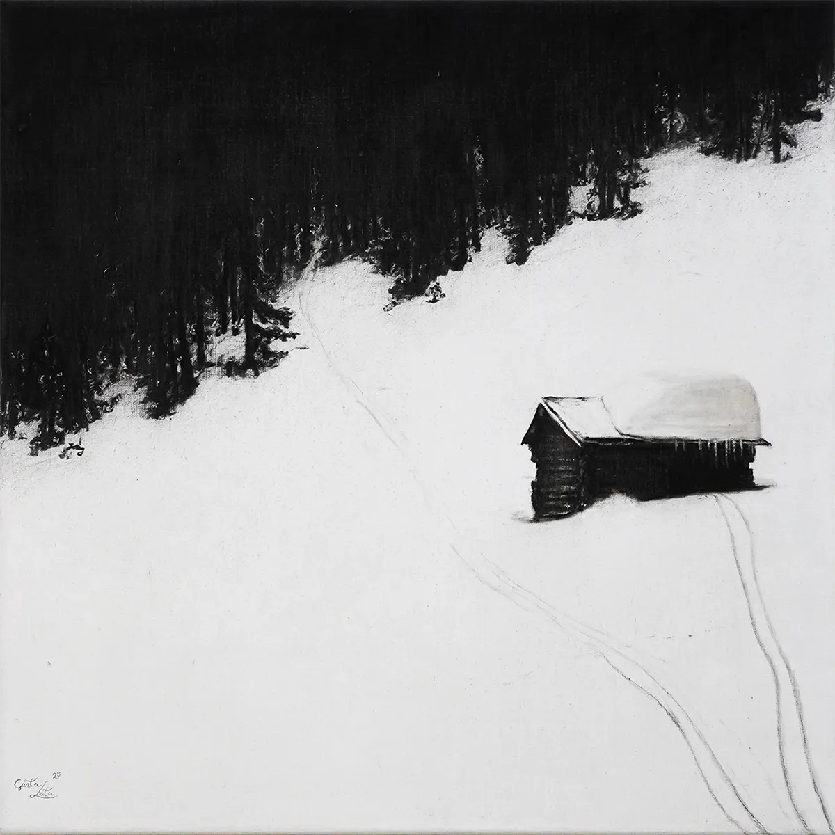 „Mitte März-Mitte Winter" – Kohle auf Leinen, 60 x 60 cm, 2023