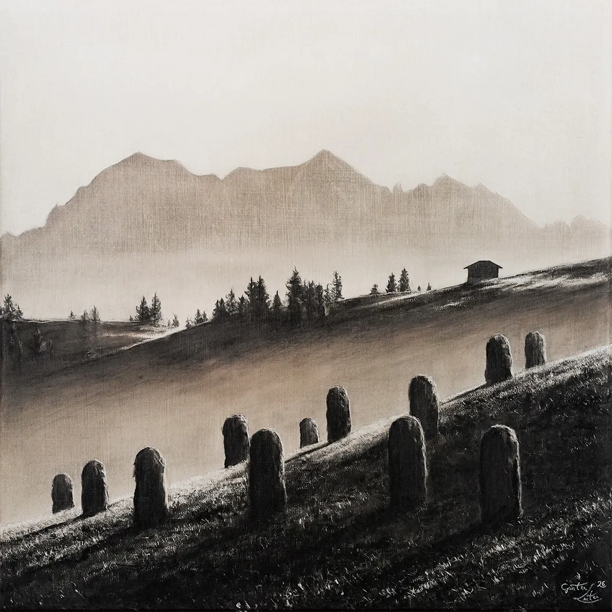 „Morgendunst“ – Kohle auf Leinen, 60 x 60 cm, 2026