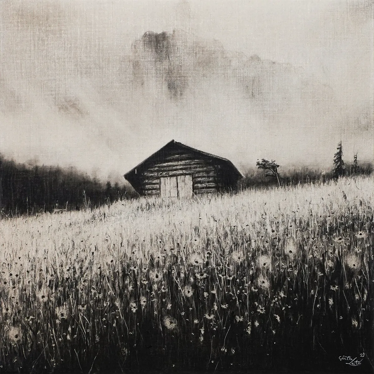 „Morgennebel" – Kohle auf Leinen, 60 x 60 cm, 2023