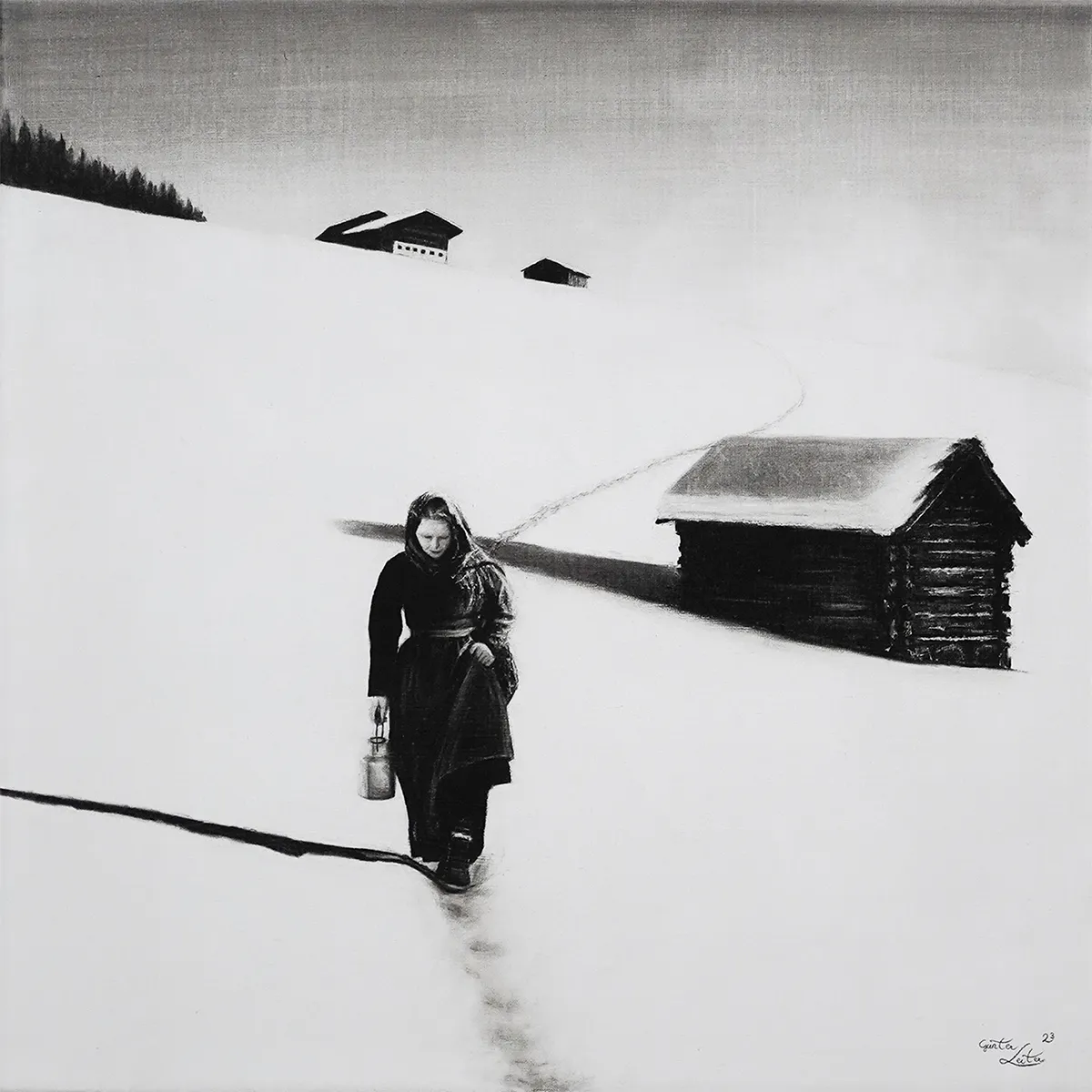 „Ochn ins Tol" – Kohle auf Leinen, 60 x 60 cm, 2023