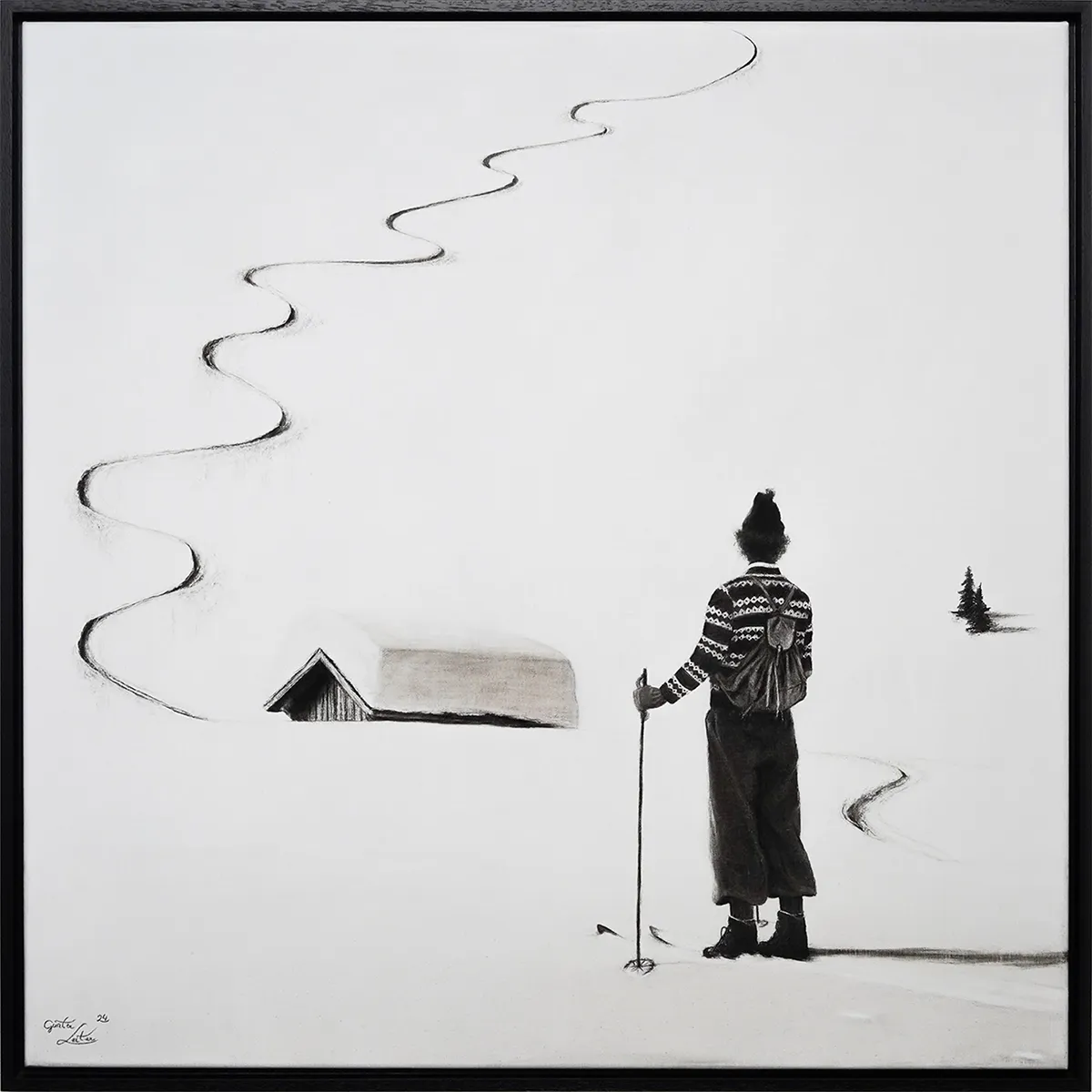 „Schön gewedelt" – Kohle auf Leinen, 80 x 80 cm, 2024