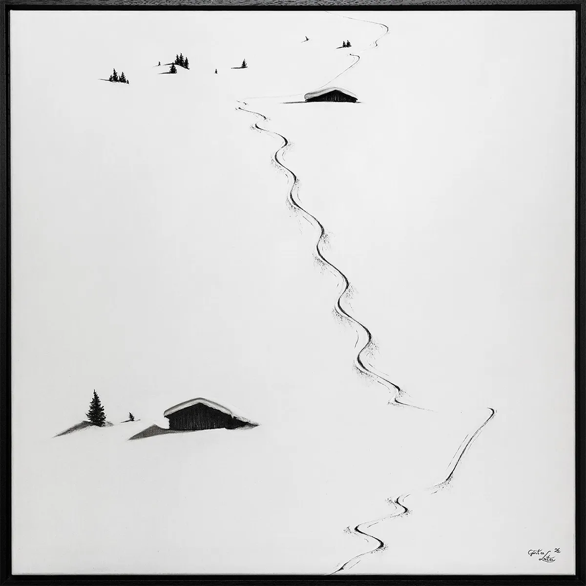 „Schöne Schwünge“ – Kohle auf Leinen, 80 x 80 cm, 2026