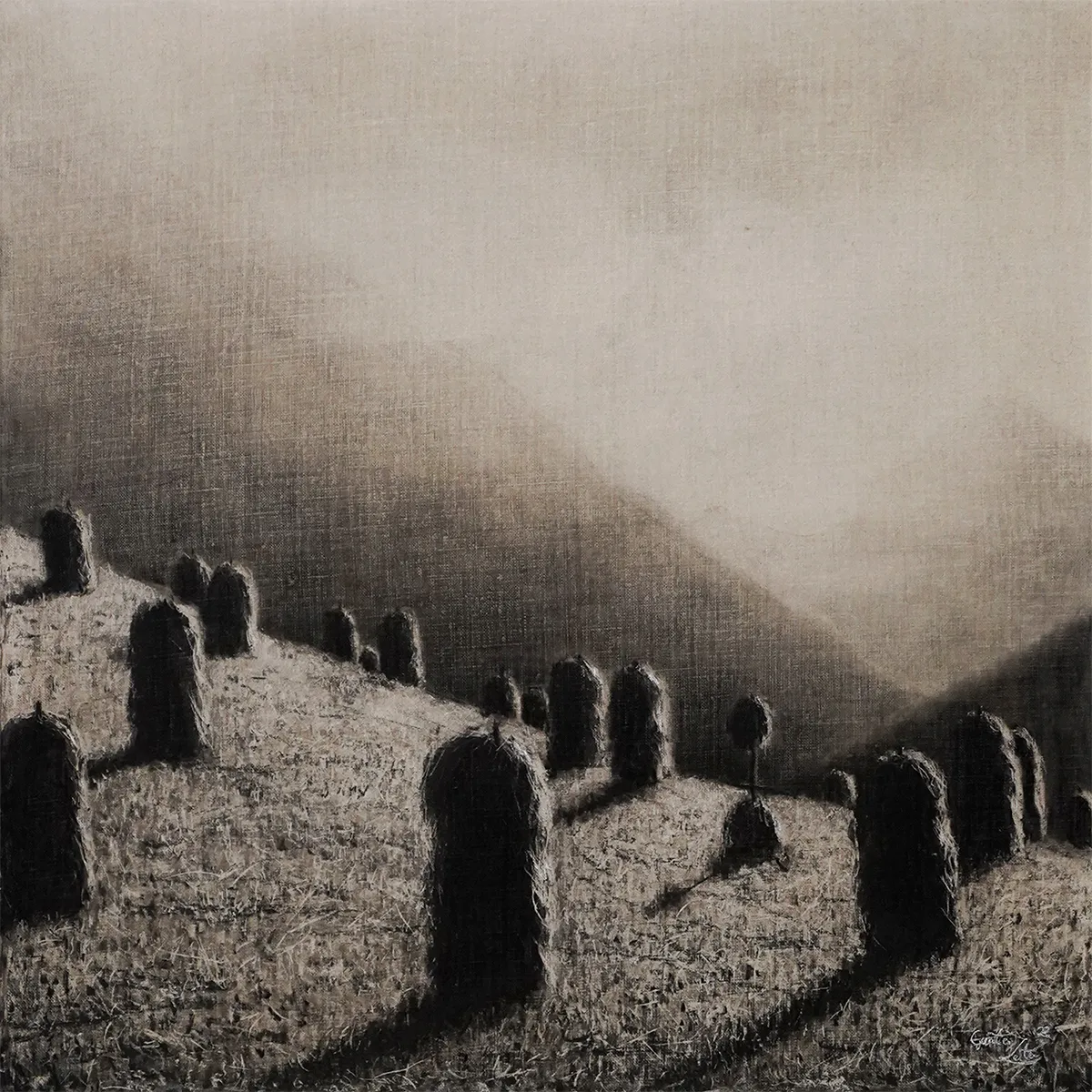 „Schibbolan beim Sonnenaufgang" – Kohle auf Leinen, 60 x 60 cm, 2022