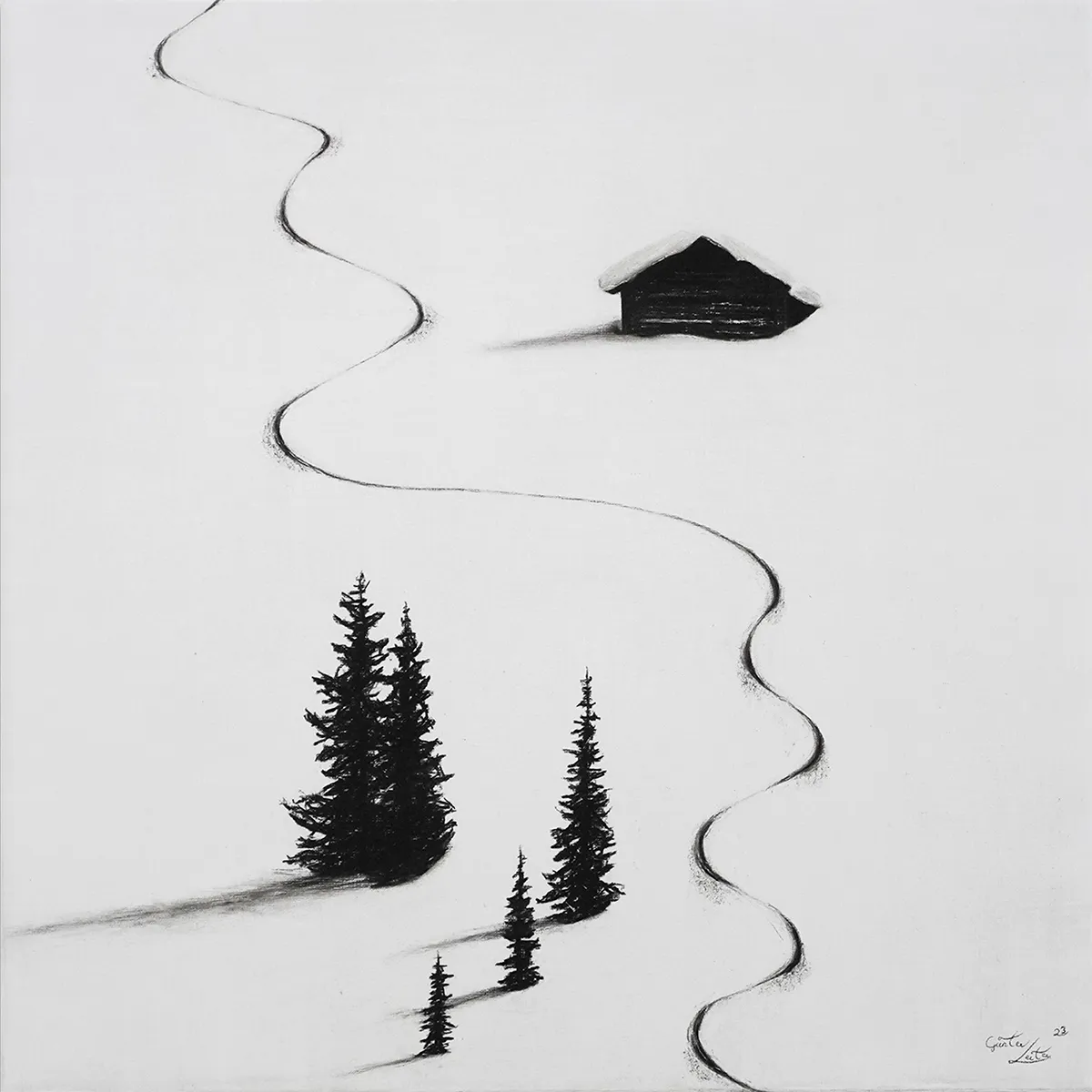 „Seitenwechsel" – Kohle auf Leinen, 60 x 60 cm, 2023