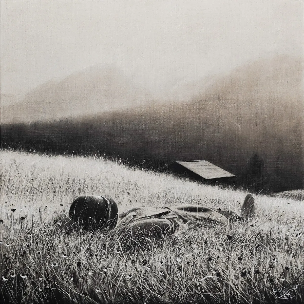 „Sonne tanken II" – Kohle auf Leinen, 60 × 60 cm, 2025