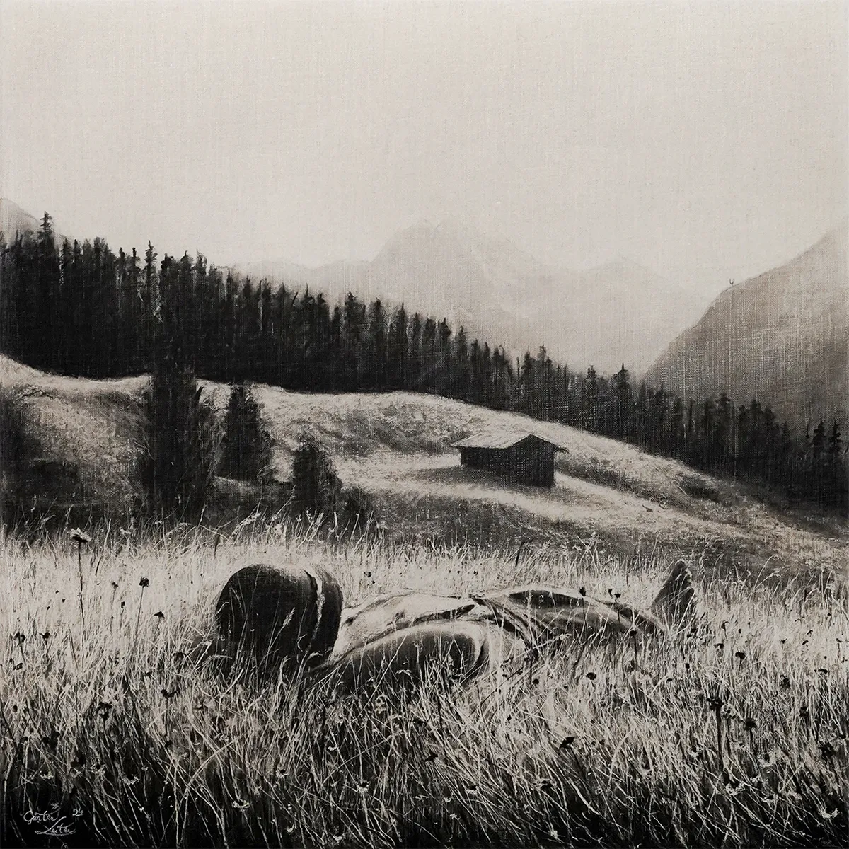 „Sonne tanken" – Kohle auf Leinen, 60 x 60 cm, 2024