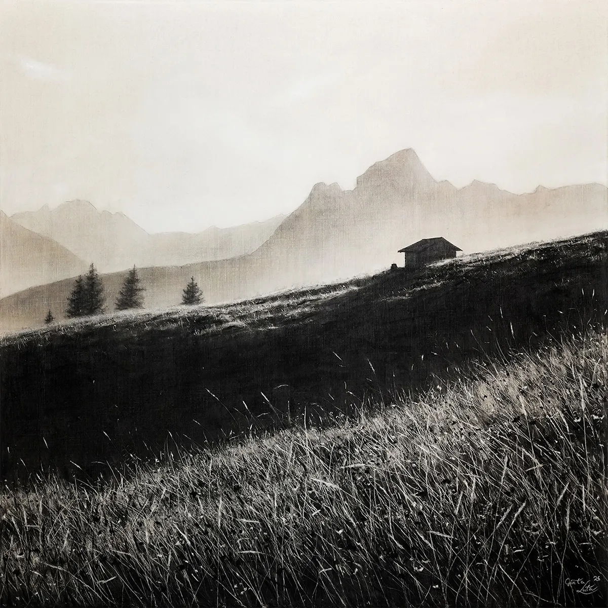 „Spätsommer“ – Kohle auf Leinen, 80 x 80 cm, 2026