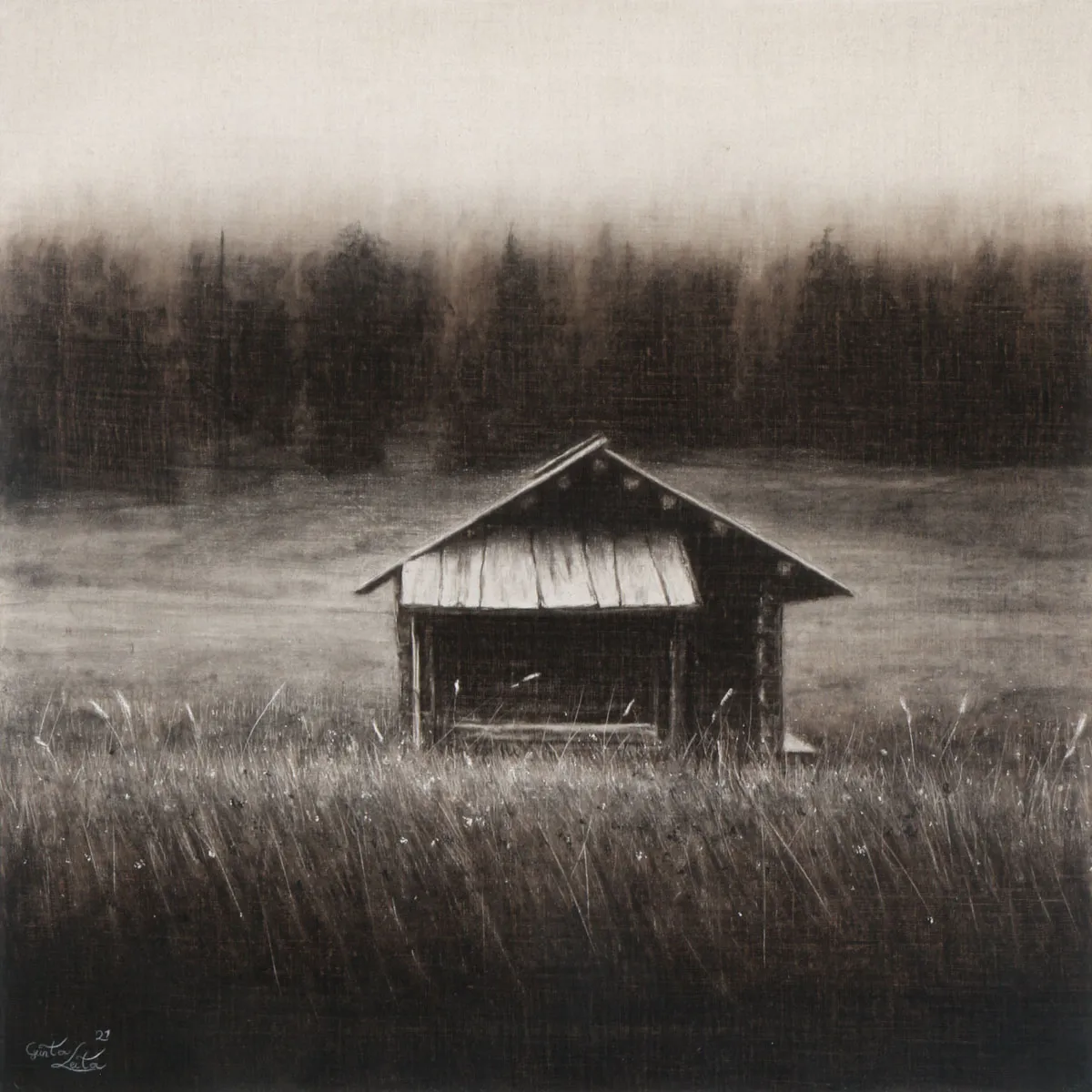 „Stramme Hütte" – Kohle auf Leinen, 60 x 60 cm, 2021