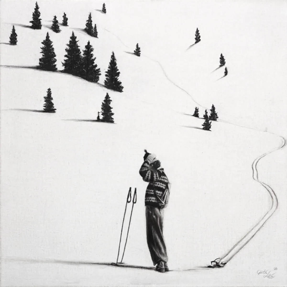 „Verschnaufpause" – Kohle auf Leinen, 60 x 60 cm, 2022