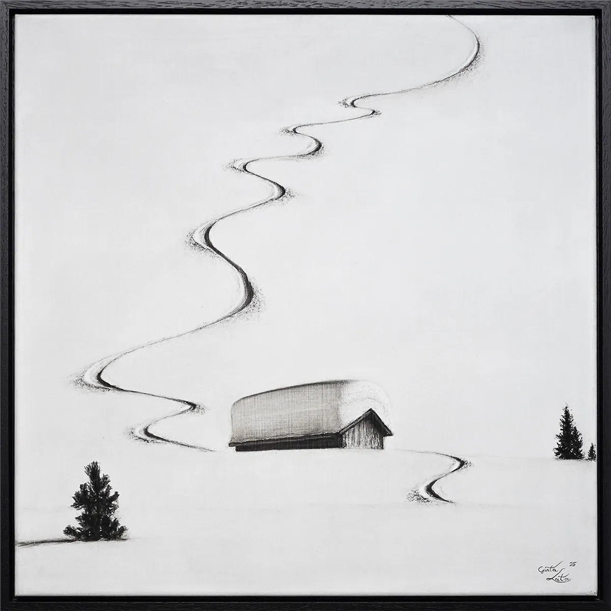 „Viel Schnea auf der Hitte" – Kohle auf Leinen, 60 x 60 cm, 2025