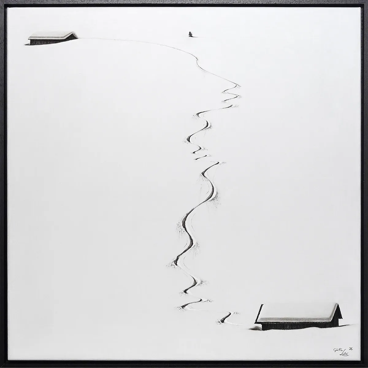 „Von Hütte zu Hütte II" – Kohle auf Leinen, 80 x 80 cm, 2026