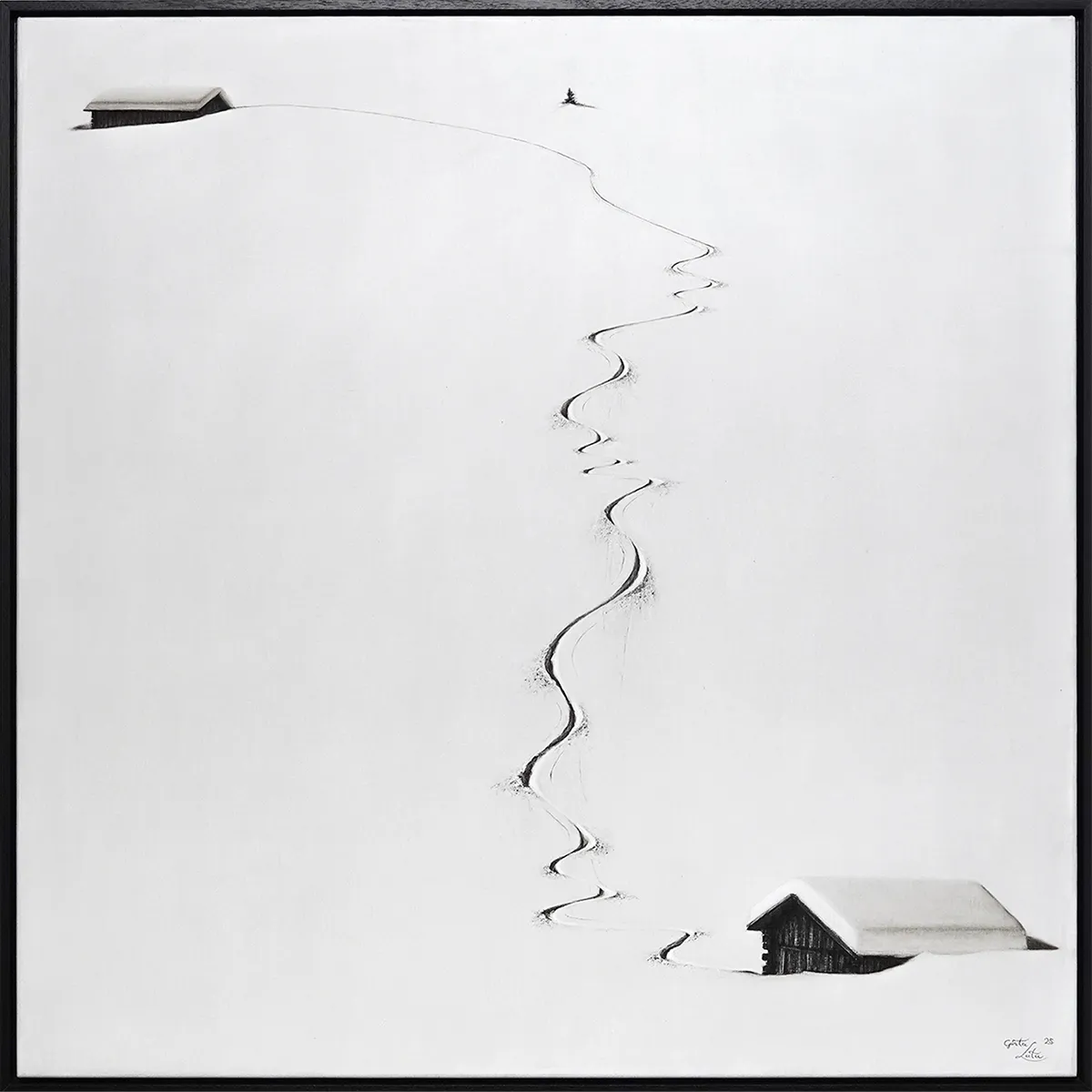 „Von Hütte zu Hütte" – Kohle auf Leinen, 100 × 100 cm, 2025