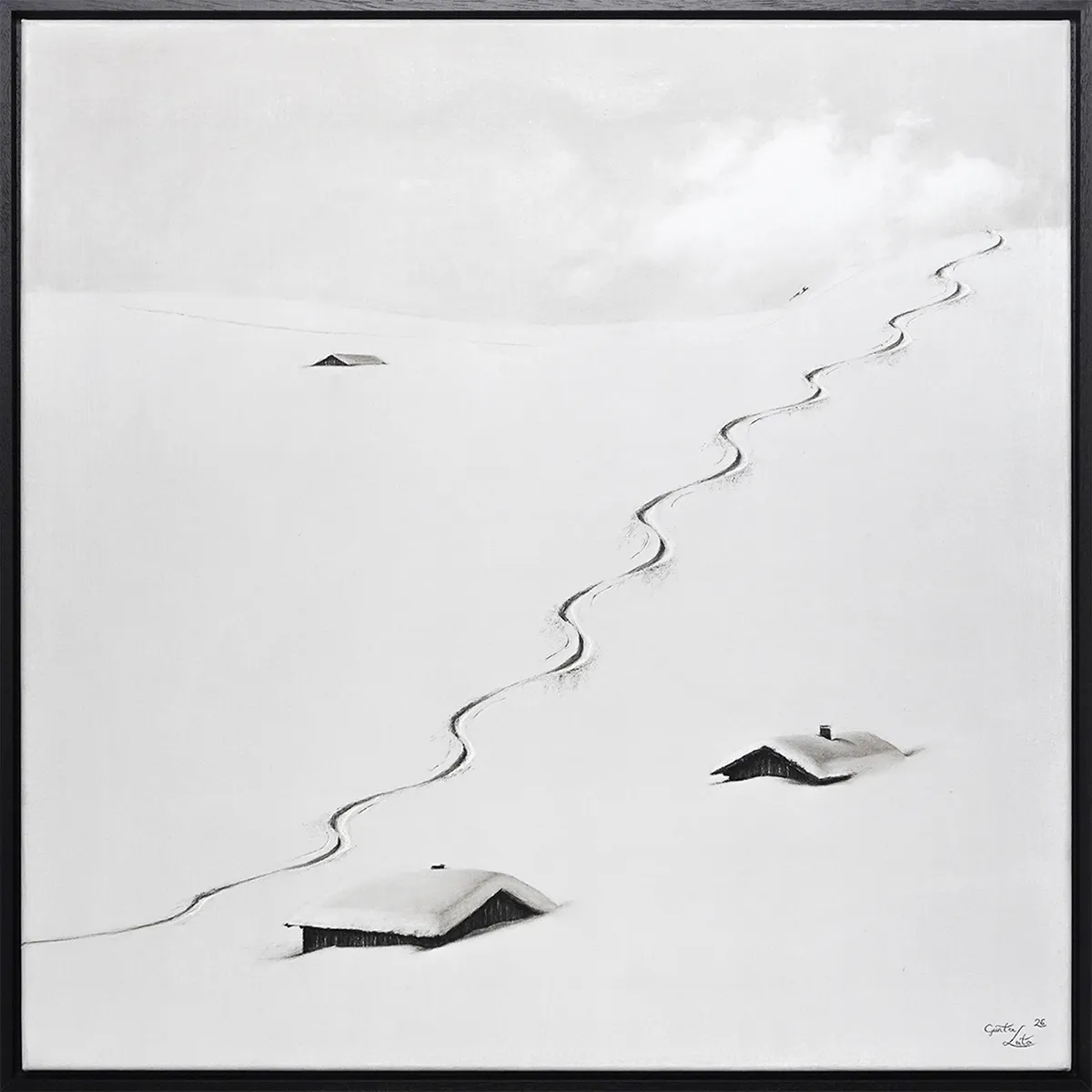 „Vorbei an den Hütten" – Kohle auf Leinen, 80 x 80 cm, 2026