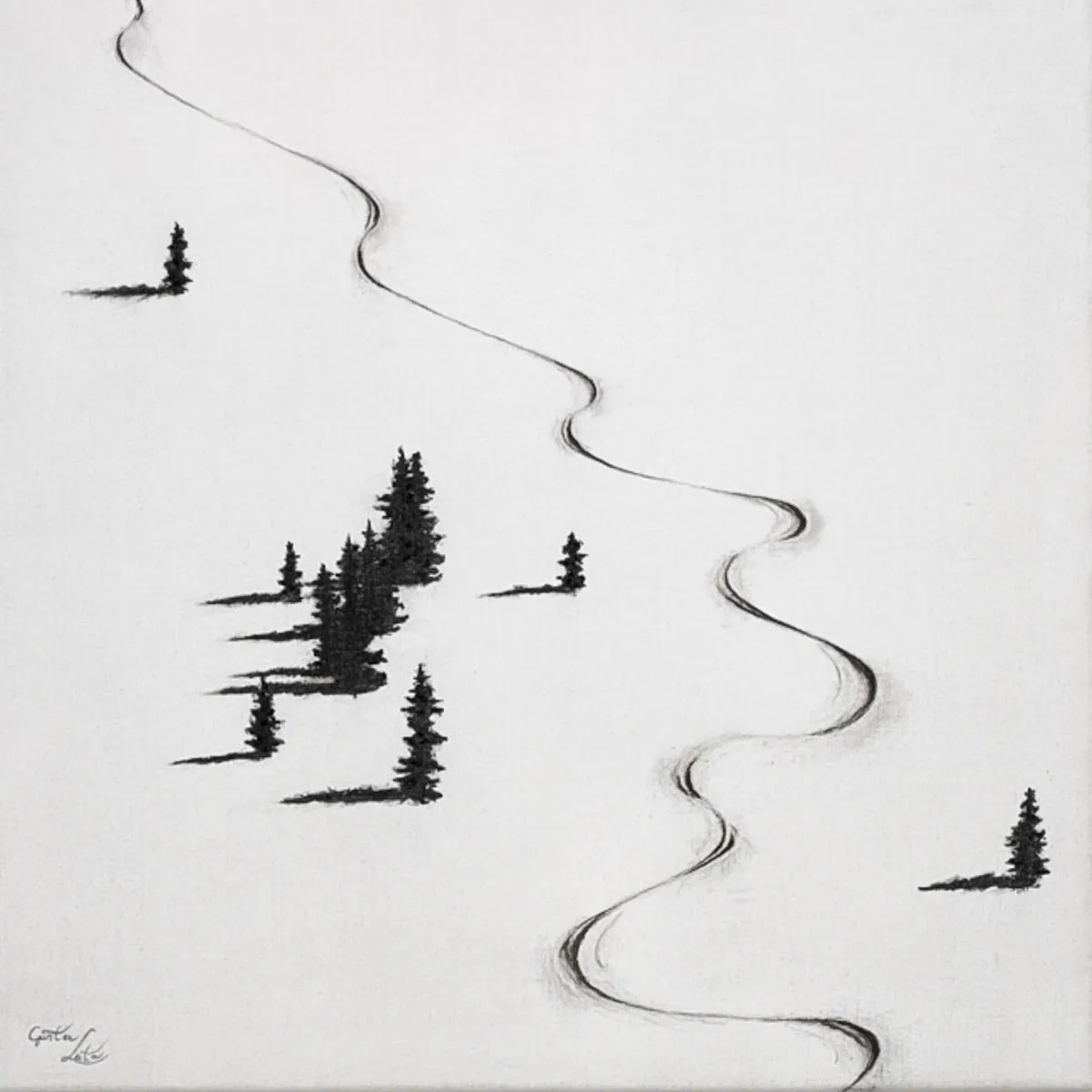 „Wedelspur" – Kohle auf Leinen, 60 x 60 cm, 2022