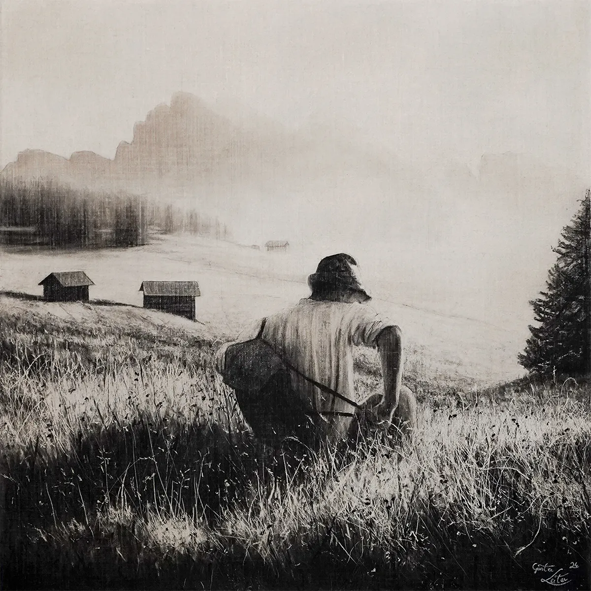 „Weiter geht's" – Kohle auf Leinen, 60 x 60 cm, 2024