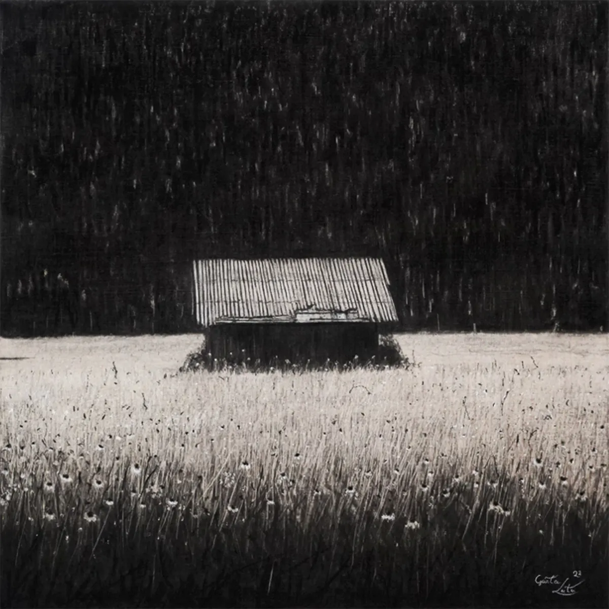 „Welldachhitte" – Kohle auf Leinen, 60 x 60 cm, 2022