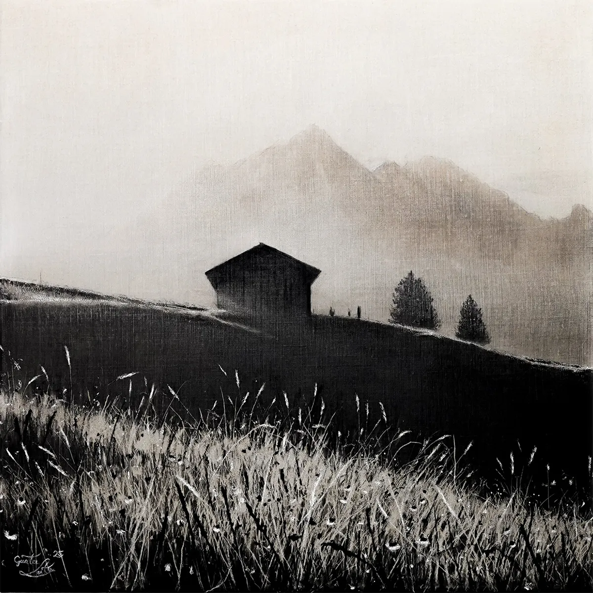 „Wiesenblick" – Kohle auf Leinen, 60 x 60 cm, 2025